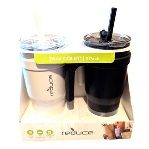 Reduce 24 Oz Cold Tumblers with 3 In 1 Lid and Straw 2 Pack White & Black New